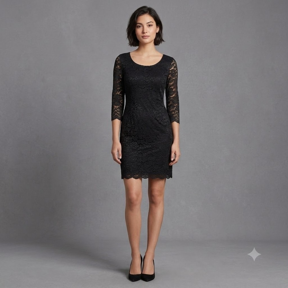 Dana Buchman Little Black Dress Lace sz 12 Floral Cocktail Whimsigoth Romance - Picture 2 of 7